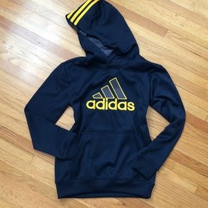 Adidas hoodie, pull over in navy with gold embroidery and stripes on hood